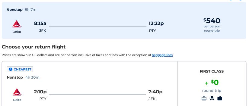 Business Class flights from New York to Panama City, Panama for only $540 roundtrip with Delta Air Lines. Flight deal ticket image.