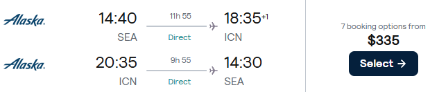 Click here to book this cheap flight deal. Non-stop, summer flights from Seattle to Seoul, South Korea for only $335 roundtrip with Hawaiian Airlines and Alaska Airlines. Flight deal ticket image.