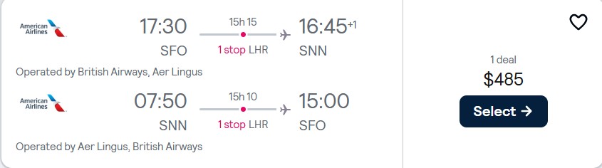 Cheap flights from San Francisco to Shannon, Ireland for only $485 roundtrip with British Airways and Aer Lingus. Flight deal ticket image.