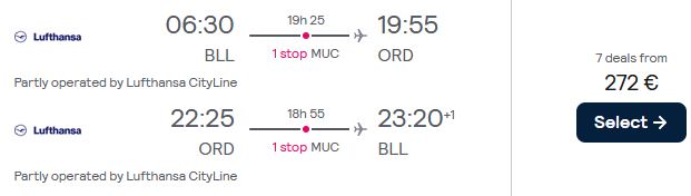 Click here to book this cheap flight deal. Cheap flights from Billund, Denmark to US cities from only €272 roundtrip with Lufthansa and United Airlines. Flight deal ticket image.