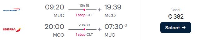 Cheap flights from Munich, Germany to Orlando, Florida for only €382 roundtrip with American Airlines. Flight deal ticket image.