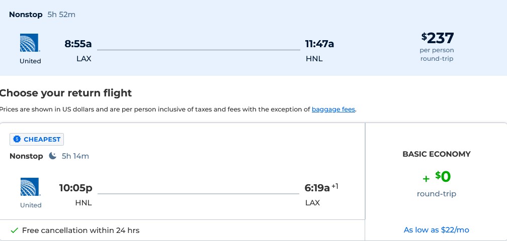 Non-stop flights from Los Angeles to Honolulu, Hawaii for only $237 roundtrip with United Airlines. Also works in reverse. Flight deal ticket image.