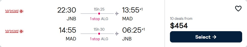 Cheap flights from Johannesburg, South Africa to Madrid, Spain for only $450 USD roundtrip with Air Algerie. Flight deal ticket image.