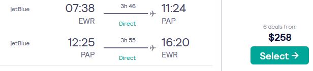 Click here to book this cheap flight deal. Non-stop flights from New York to Port-au-Prince, Haiti for only $258 roundtrip with JetBlue. Flight deal ticket image.