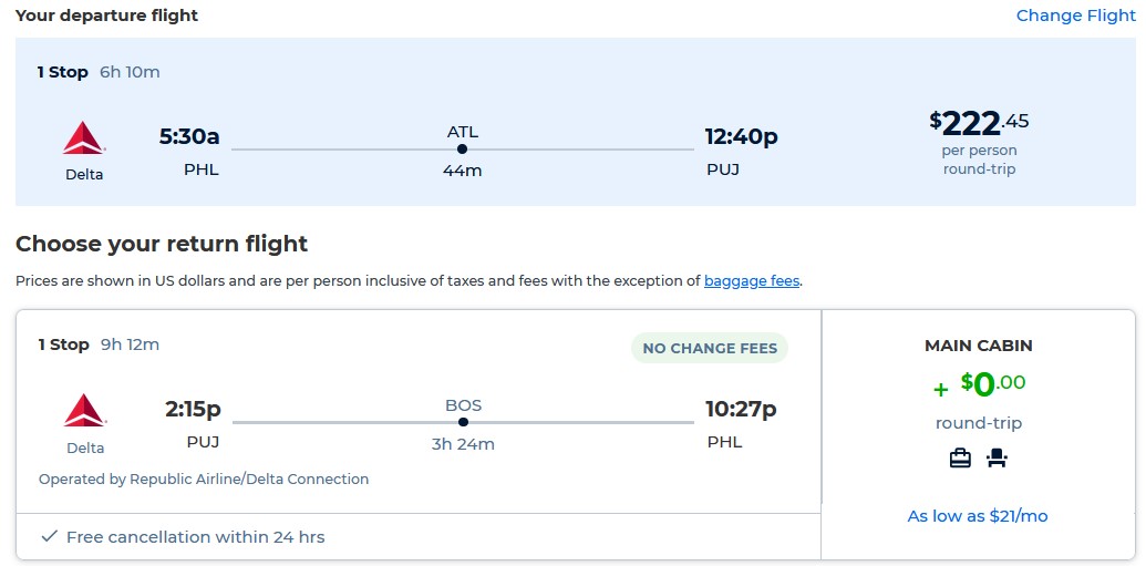 Cheap flights from Philadelphia to the Dominican Republic for only $222 roundtrip with Delta Air Lines. Flight deal ticket image.
