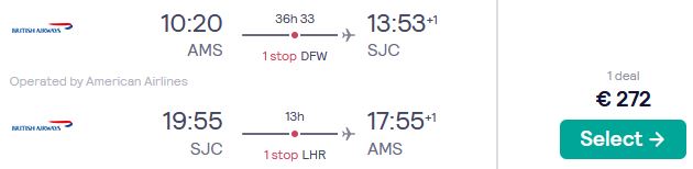 Cheap flights from Amsterdam, Netherlands to San Jose, California for only €298 roundtrip with American Airlines and British Airways. Flight deal ticket image.