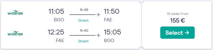 Non-stop, summer flights from Bergen, Norway to the Faroe Islands for only €155 roundtrip. Flight deal ticket image.