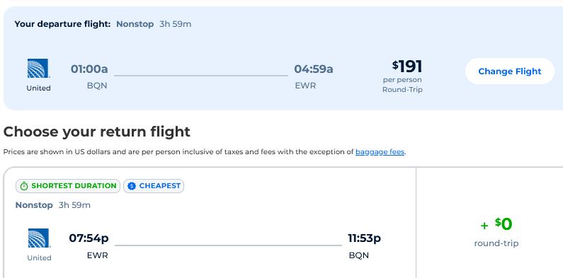 Non-stop flights from Aguadilla, Puerto Rico to New York, USA for only $191 USD roundtrip with United Airlines. Flight deal ticket image.