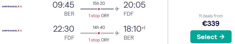 Cheap flights from Berlin, Germany to Martinique for only €339 roundtrip with Air France. Flight deal ticket image.
