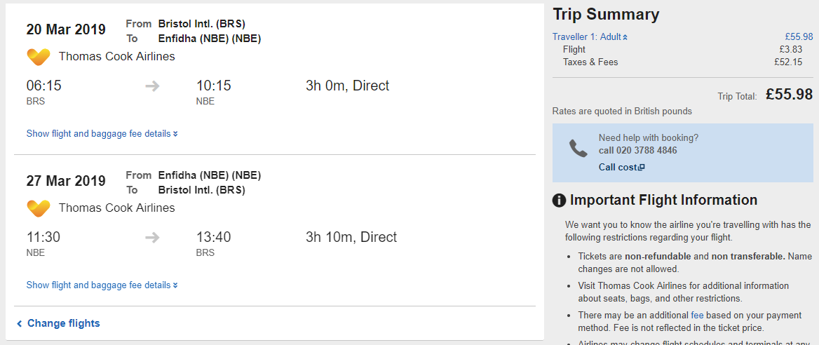Click here to book this cheap flight deal. Non-stop, last minute flights from Bristol, UK to Enfidha, Tunisia for only £55 roundtrip. Flight deal ticket image.