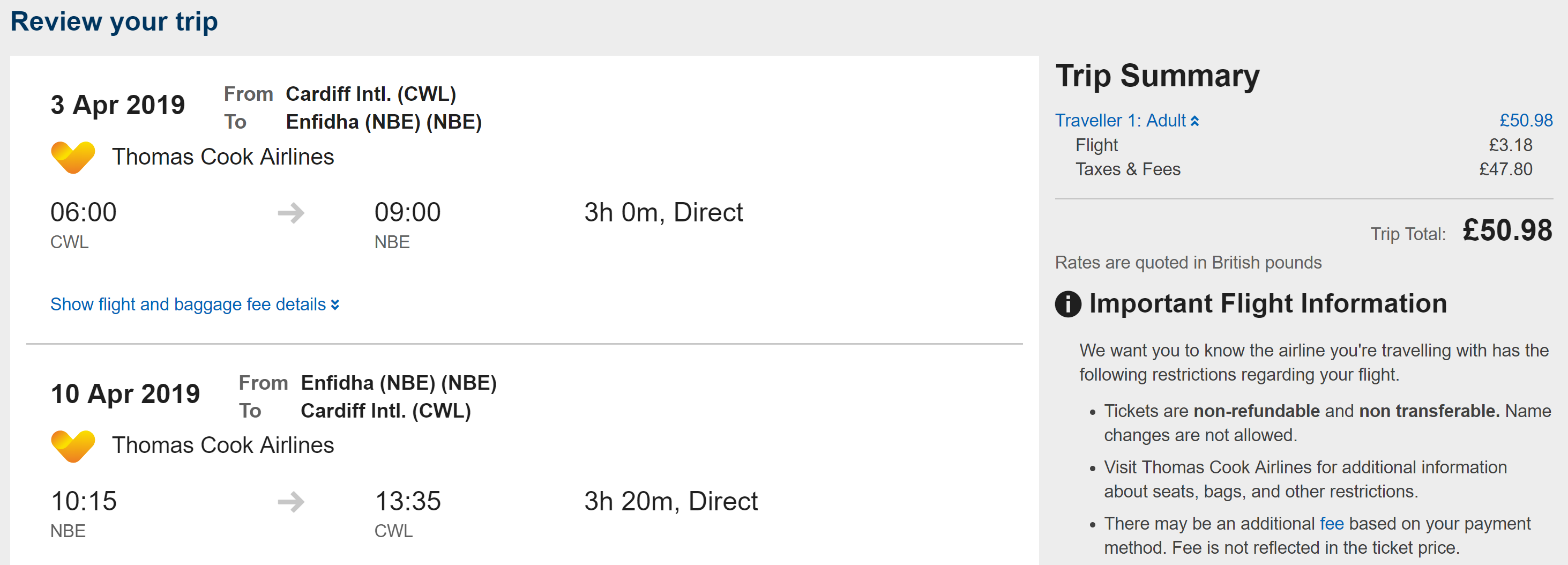Non-stop, last minute flights from Cardiff, Wales to Enfidha, Tunisia for only £50 roundtrip. Flight deal ticket image.