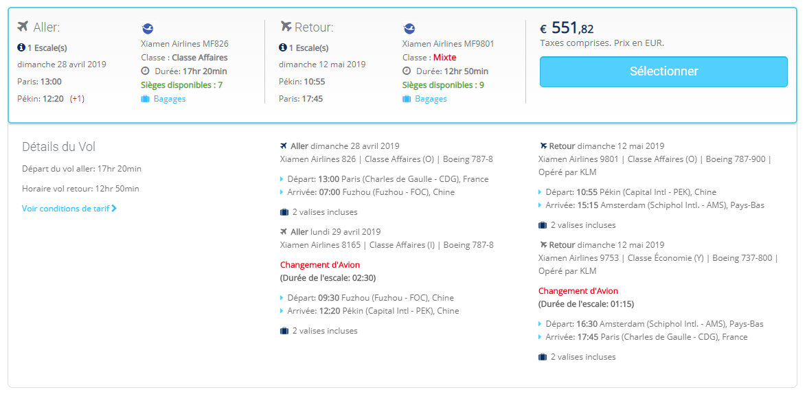 Error Fare, Business Class flights from Paris, France to Beijing, China for only €551 roundtrip. Flight deal ticket image.