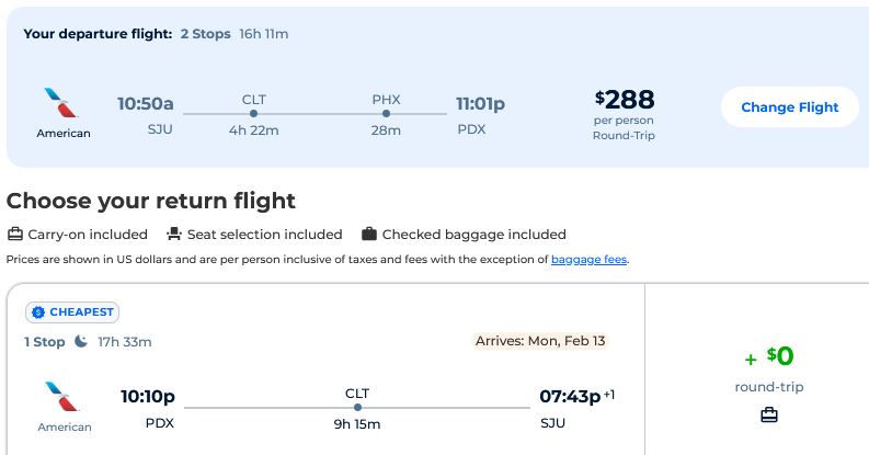 Cheap flights from San Juan, Puerto Rico to Portland, Oregon for only $288 USD roundtrip with American Airlines. Flight deal ticket image.