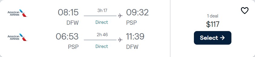 Non-stop flights from Dallas, Texas to Palm Springs, California for only $117 roundtrip with American Airlines. Also works in reverse. Flight deal ticket image.