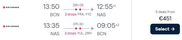Cheap flights from European cities to the Bahamas from only €451 roundtrip with Lufthansa, Air Canada and Swiss International Air Lines. Flight deal ticket image.