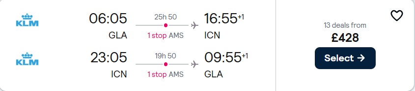 Cheap flights from Glasgow, Scotland to Seoul, South Korea for only £428 roundtrip with KLM. Flight deal ticket image.