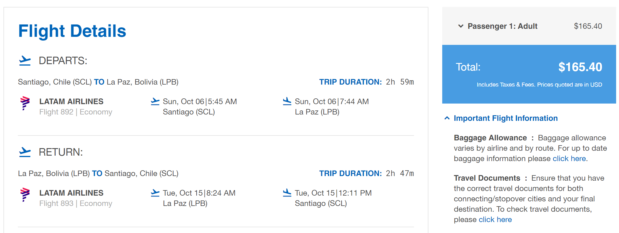 Non-stop flights from Santiago, Chile to La Paz, Bolivia for only $165 USD roundtrip with LATAM Airlines. Flight deal ticket image.