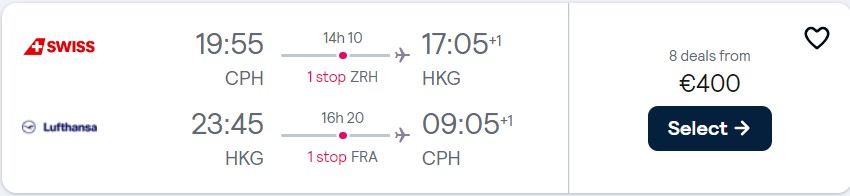 Click here to book this cheap flight deal. Cheap flights from Scandinavian cities to Hong Kong from only €400 roundtrip with Swiss International Air Lines and Lufthansa. Flight deal ticket image.