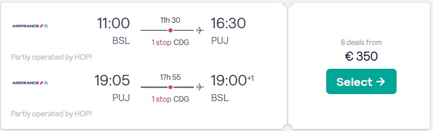 Cheap flights from Basel, Switzerland to the Dominican Republic for only €350 roundtrip with Air France. Flight deal ticket image.