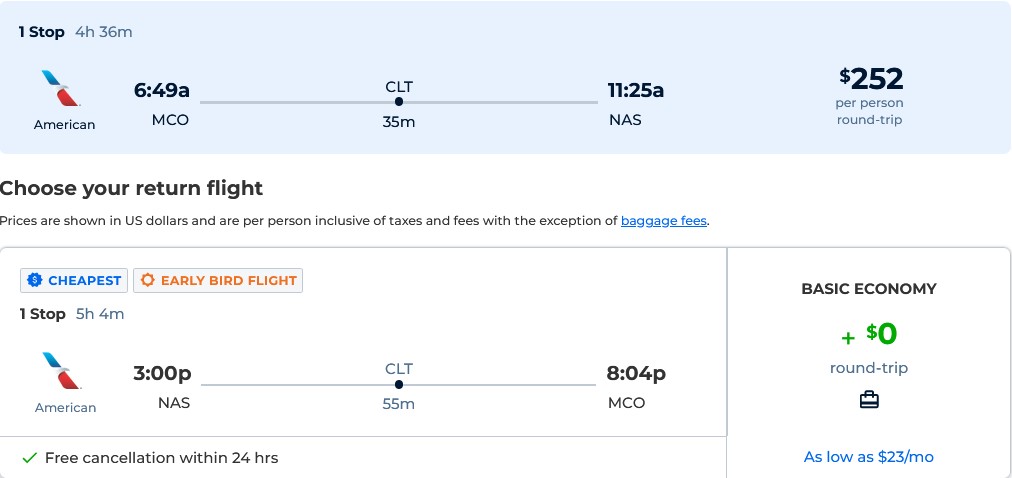 Summer flights from Orlando, Florida to the Bahamas for only $252 roundtrip with American Airlines. Flight deal ticket image.