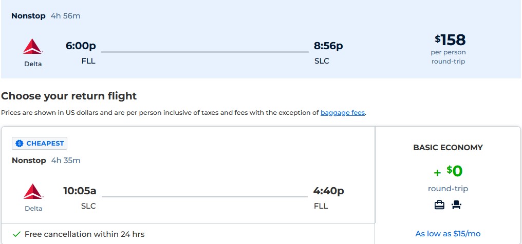 Non-stop flights from Fort Lauderdale to Salt Lake City, Utah for only $158 roundtrip with Delta Air Lines. Flight deal ticket image.