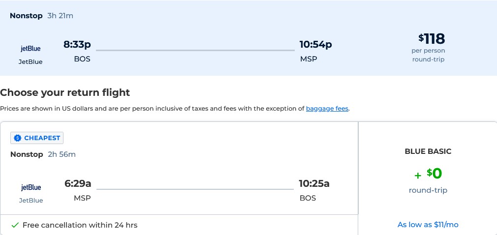 Click here to book this cheap flight deal. Non-stop flights from Boston to Minneapolis for only $118 roundtrip with JetBlue. Also works in reverse. Flight deal ticket image.