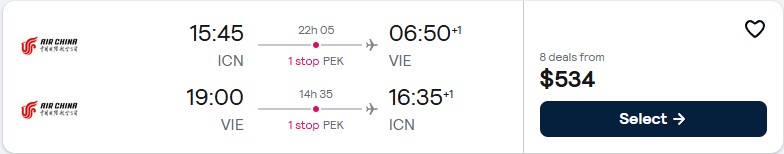 Click here to book this cheap flight deal. Cheap flights from Seoul, South Korea to Vienna, Austria for only $534 USD roundtrip. Flight deal ticket image.
