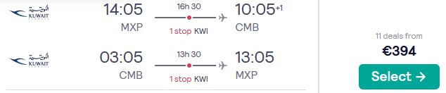 Summer flights from Milan, Italy to Colombo, Sri Lanka for only €394 roundtrip. Flight deal ticket image.