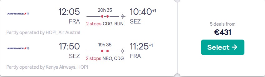 Cheap flights from Frankfurt, Germany to the Seychelles for only €431 roundtrip with Air France. Flight deal ticket image.