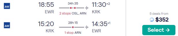 Cheap flights from New York to Krakow, Poland for only $352 roundtrip with SAS. Flight deal ticket image.
