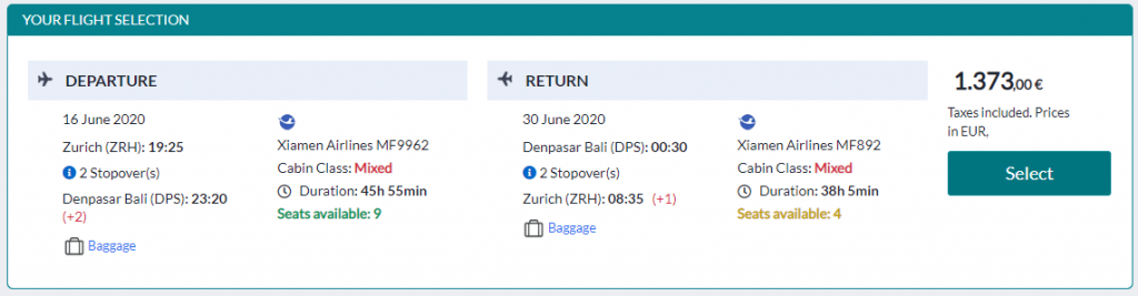 Business Class flights from Zurich, Switzerland to Bali, Indonesia for only €1373 roundtrip with KLM and Xiamen Airlines. Flight deal ticket image.