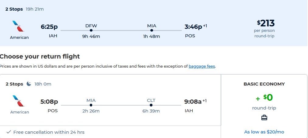 Cheap flights from Houston, Texas to Trinidad for only $213 roundtrip with American Airlines. Flight deal ticket image.