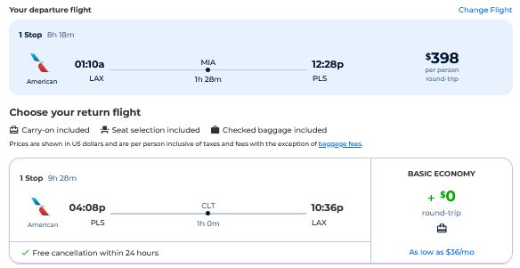Cheap flights from Los Angeles to Turks and Caicos for only $398 roundtrip with American Airlines. Flight deal ticket image.