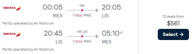 Cheap flights from Mexico City, Mexico to Lisbon, Portugal for only $561 USD roundtrip with Iberia. Flight deal ticket image.
