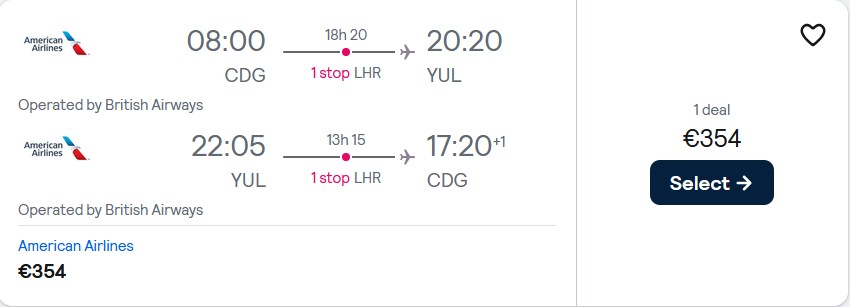 Cheap flights from French cities to Montreal or Toronto, Canada from only €354 roundtrip with British Airways. Flight deal ticket image.