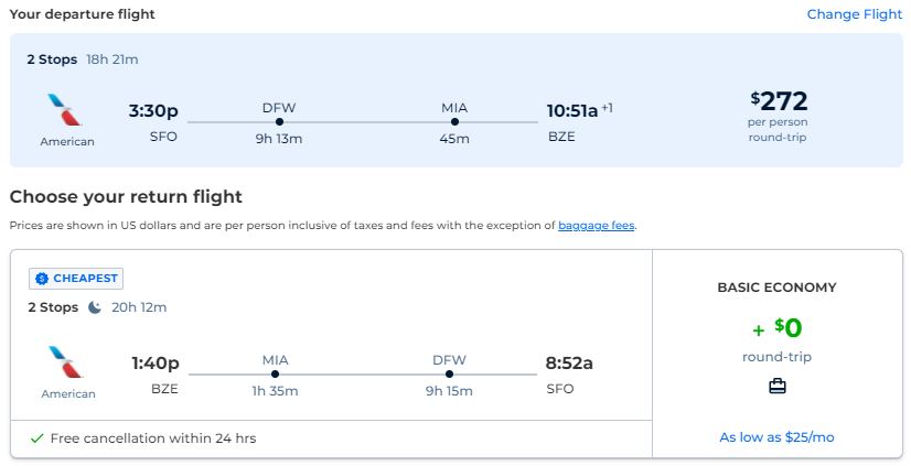 Cheap flights from San Francisco to Belize City, Belize for only $272 roundtrip with American Airlines. Flight deal ticket image.