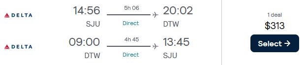 Non-stop flights from San Juan, Puerto Rico to Detroit, USA for only $313 USD roundtrip with Delta Air Lines. Flight deal ticket image.