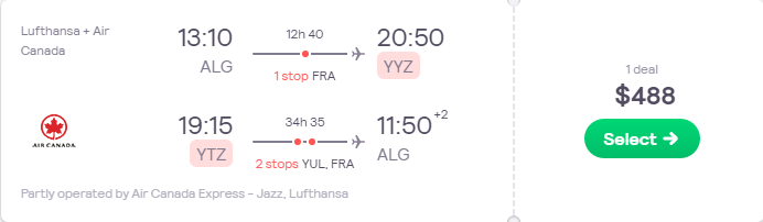 Cheap flights from Algiers, Algeria to Toronto, Canada for only $488 USD roundtrip with Lufthansa and Air Canada. Flight deal ticket image.