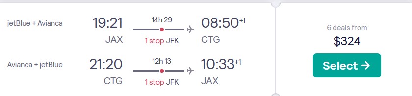 Cheap flights from Jacksonville, Florida to Cartagena, Colombia for only $324 roundtrip with JetBlue and Avianca. Flight deal ticket image.