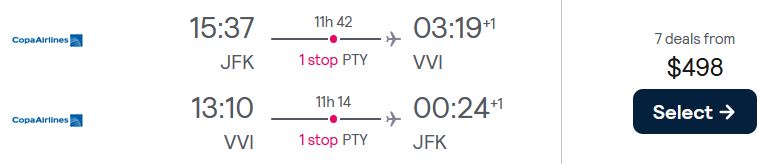 Cheap flights from New York to Santa Cruz, Bolivia for only $498 roundtrip with Copa Airlines. Flight deal ticket image.