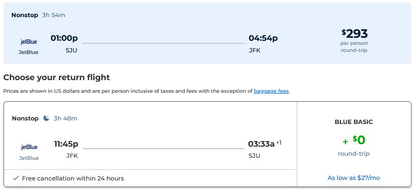 Non-stop flights from San Juan, Puerto Rico to New York, USA for only $293 USD roundtrip with JetBlue. Flight deal ticket image.