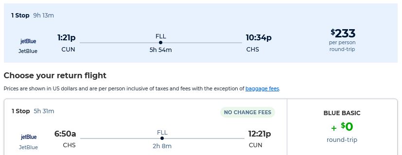 Cheap flights from Cancun, Mexico to Charleston, South Carolina for only $233 USD roundtrip with JetBlue. Flight deal ticket image.