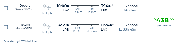 Summer flights from Los Angeles to La Paz, Bolivia for only $438 roundtrip with LATAM Airlines. Flight deal ticket image.