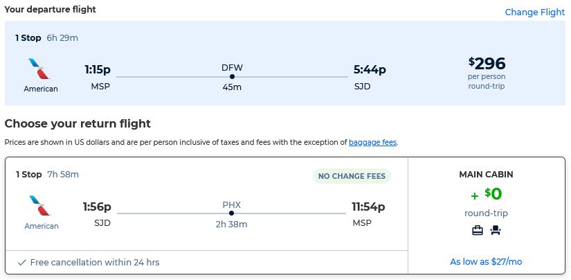 Cheap flights from Minneapolis to San Jose del Cabo, Mexico for only $296 roundtrip with American Airlines. Flight deal ticket image.