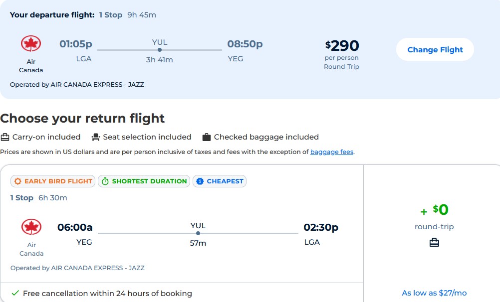 Cheap flights from New York to Edmonton, Canada for only $290 roundtrip with Air Canada. Flight deal ticket image.