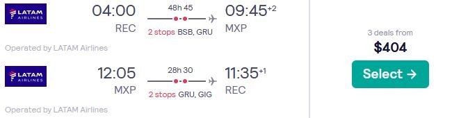 Cheap flights from Recife, Brazil to Milan, Italy for only $404 USD roundtrip with LATAM Airlines. Flight deal ticket image.