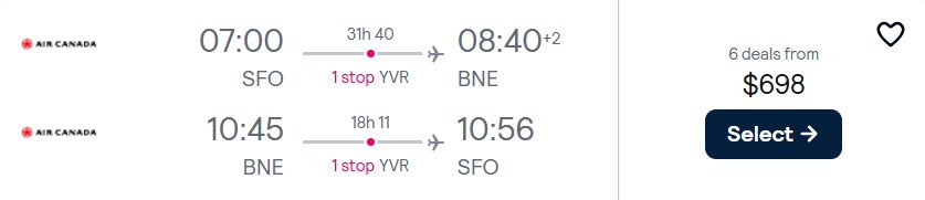 Click here to book this cheap flight deal. Cheap flights from San Francisco to Brisbane, Australia for only $698 roundtrip with Air Canada. Flight deal ticket image.