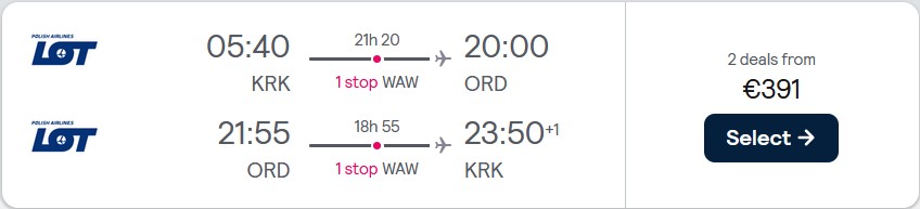 Cheap flights from Krakow, Poland to Chicago, USA for only €391 roundtrip with LOT Polish Airlines. Flight deal ticket image.