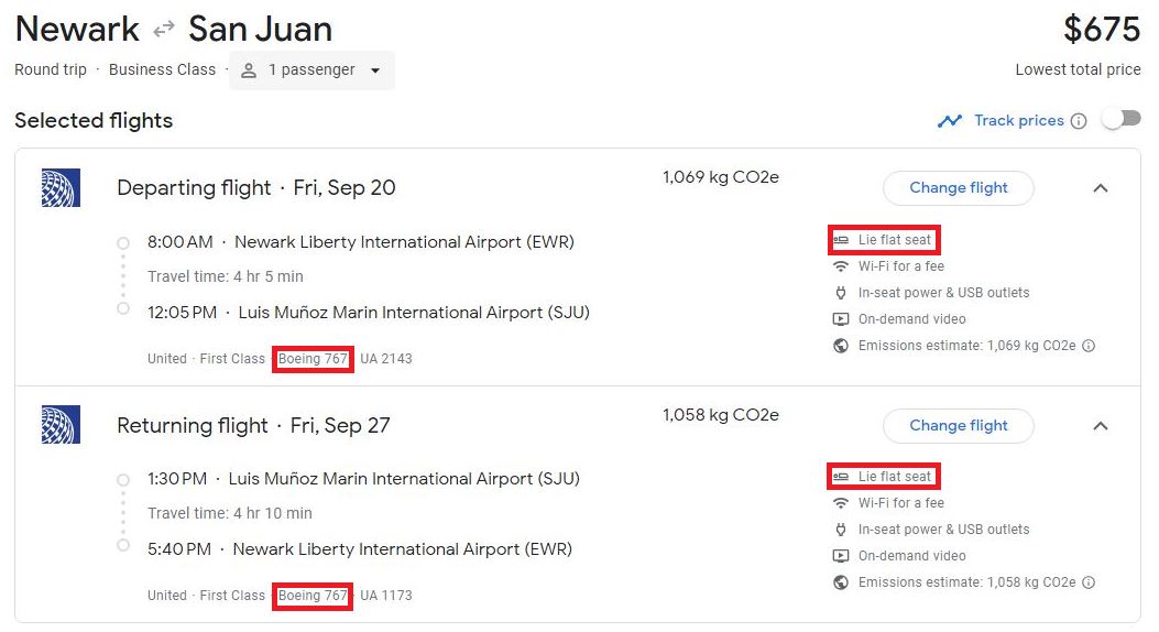 Business Class flights from New York to San Juan, Puerto Rico for only $675 roundtrip with United Airlines. Flight deal ticket image.