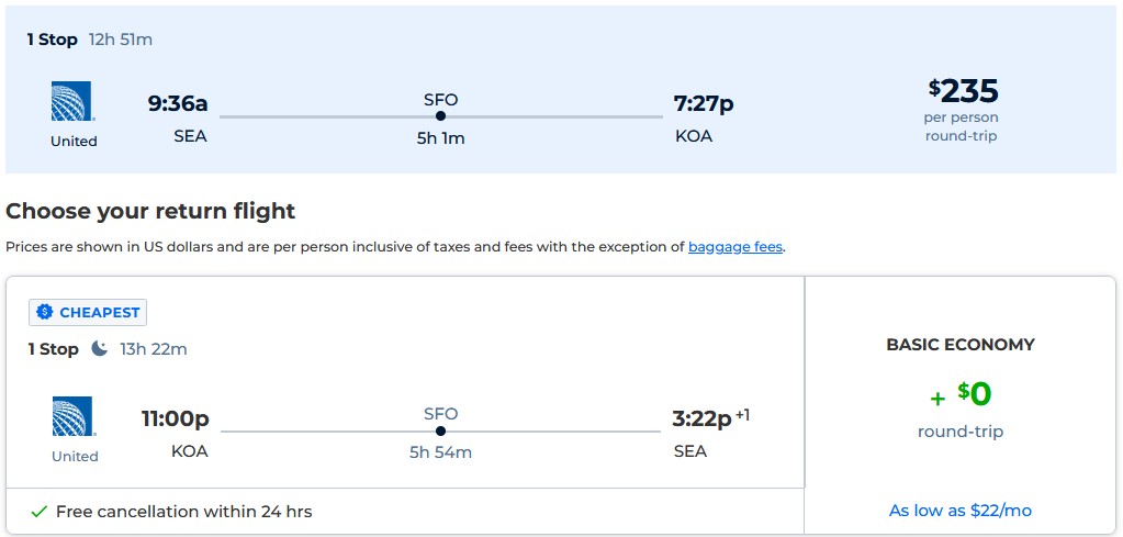 Cheap flights from Seattle to Kona, Hawaii for only $235 roundtrip with United Airlines. Also works in reverse. Flight deal ticket image.